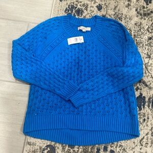 NWT Loft blue crochet look sweater, slight hi low design, size small, soft
